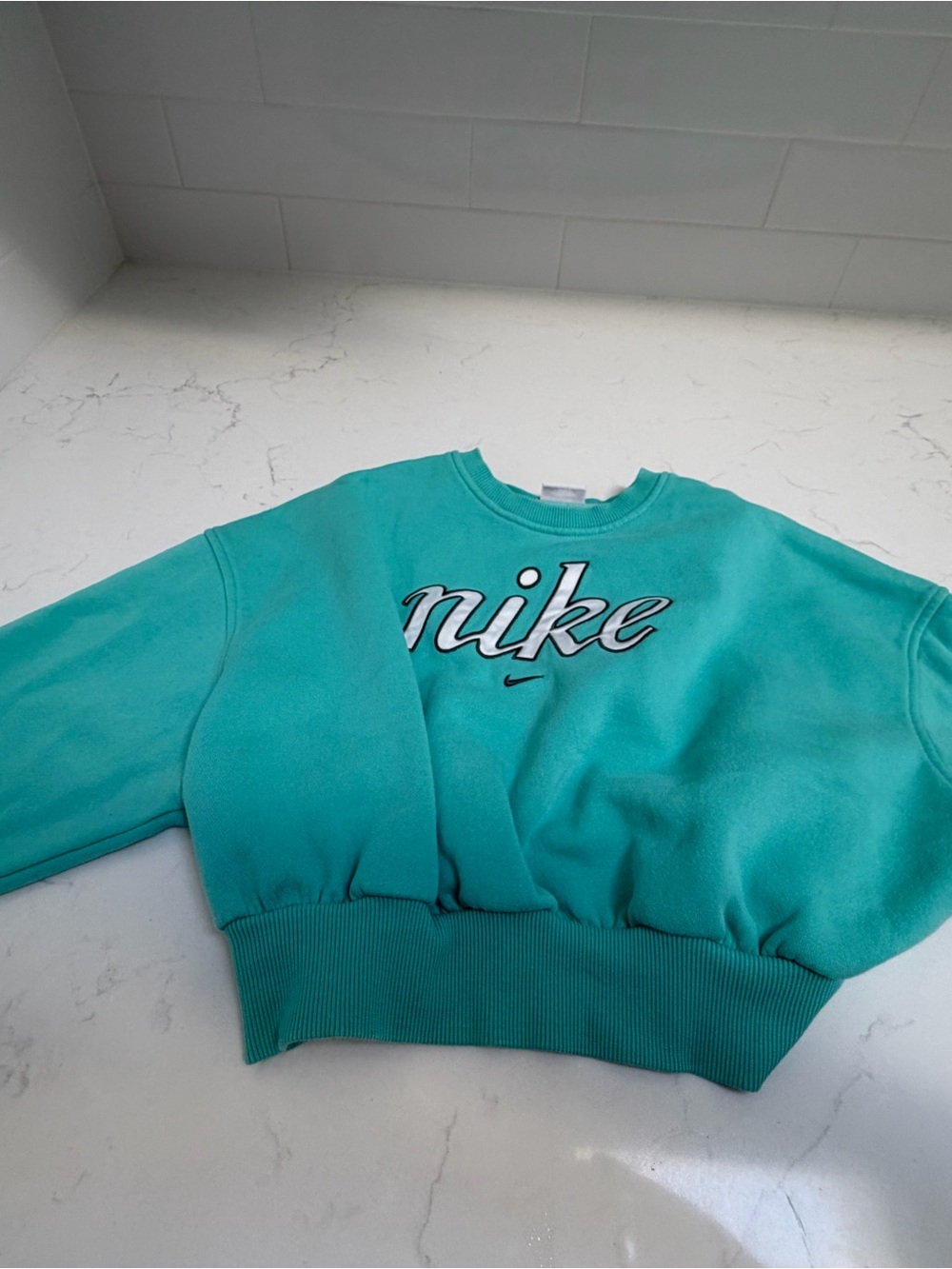Nike Girl’s Teal Cropped Crewneck Sweatshirt with Script Logo